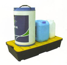 Load image into Gallery viewer, poly spill tray yellow holding various chemicals