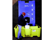 Load image into Gallery viewer, IBC Spill Pallets for corrosives yellow with blue IBC
