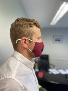 reusable face mask red on mans face side profile